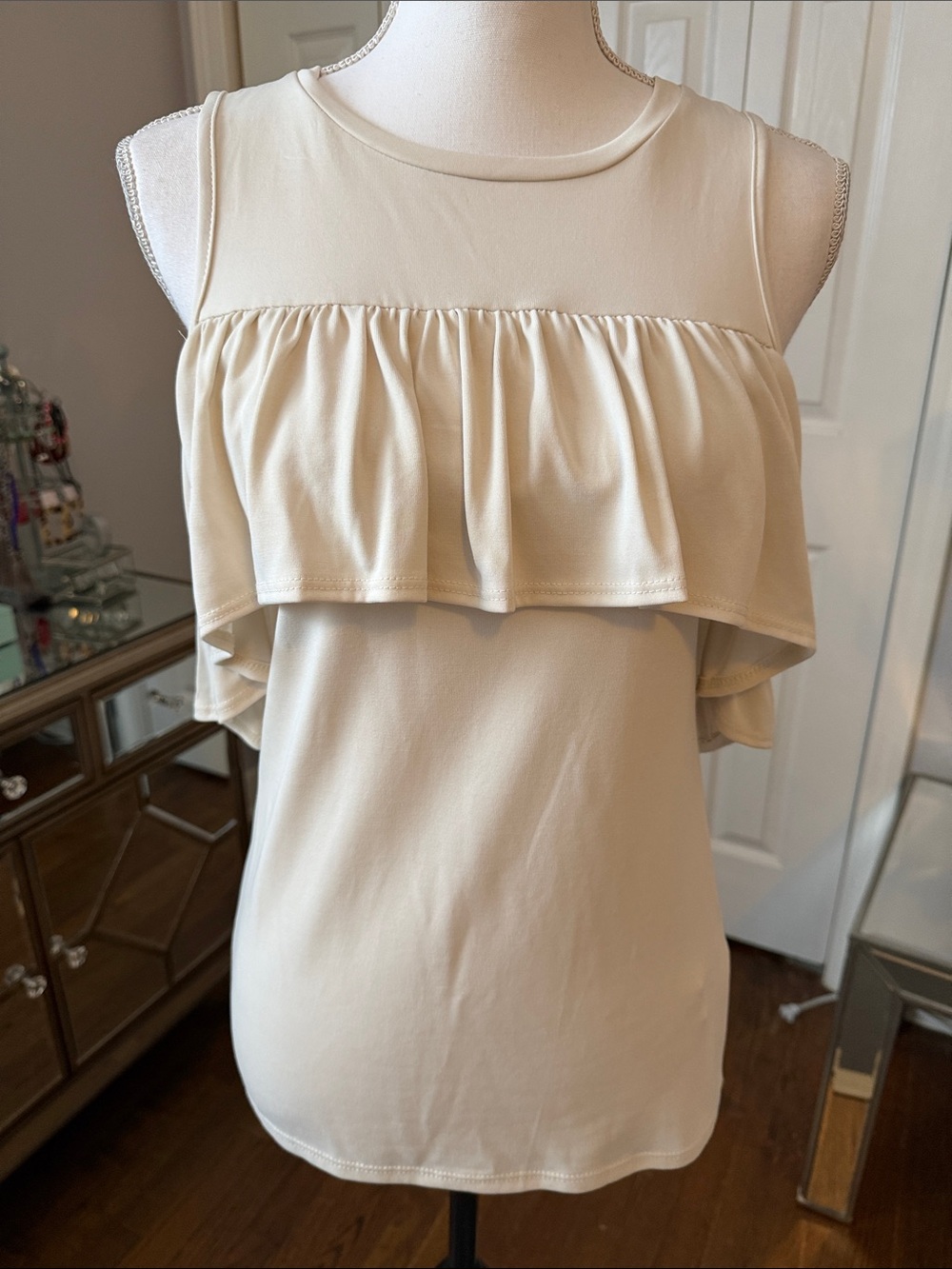 Soprano Cold Shoulder Sleeve &  Ruffle Overlay Top - Cream Medium NWT